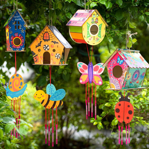 8 Pack 4-8 8-12, 3+ Summer DoodleDoo Bird House & Wind Chime Kits, Buildable Birdhouse DIY Crafts for Kids Ages Arts
