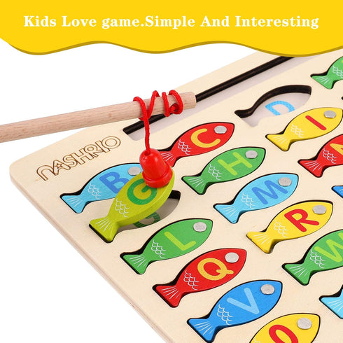 Magnetic Wooden Fishing Game Toy for Toddlers, Alphabet Fish Catching Puzzle for Preschool Learning ABC Math