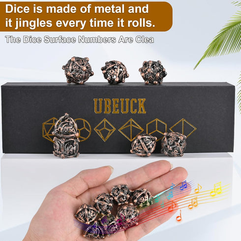 DND Metal Dice Set, UBEUCK 7PCS Skull and Dragon Dice for Dungeons & Dragons, Ancient Red Copper