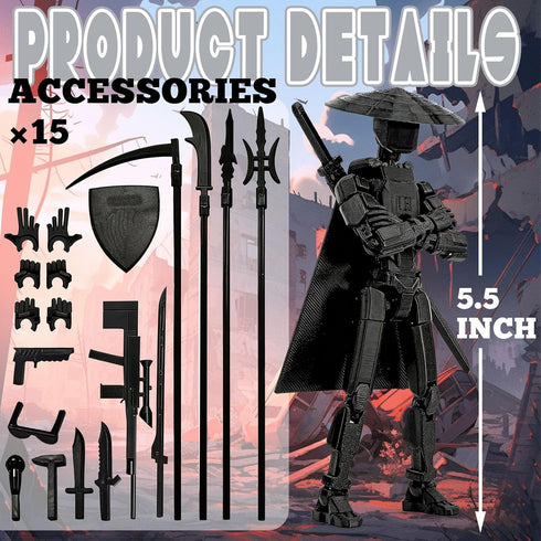 PkghoKids T13 Accessories,T13 3D Already Assembled Action Figure Multi-Jointed Movable Printed Toys (Black)