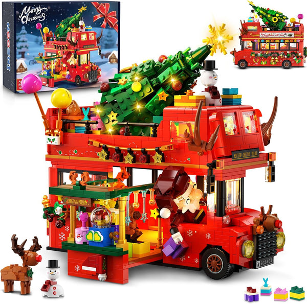 INSOON Christmas Double Decker Bus Building Set with Lights, Christmas Bus Building