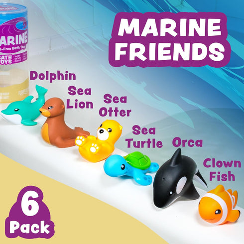 6 Pack Set Tub Works Marine Mold Free Bath Toys, | Sealed, No Hole Bath Toys Design Keeps Moisture Out | Soft