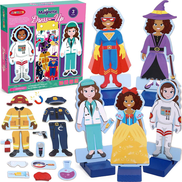 Atoylink Wooden Magnetic Dress Up Dolls for Girls, Pretend Play Set, Princess/Witch/Occupations Matching Games