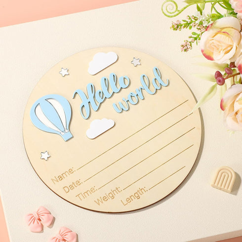 Penitue Wooden Baby Announcement Sign, Hello World Newborn Board Signs for Boys & Girls Welcome Baby Name Arrival