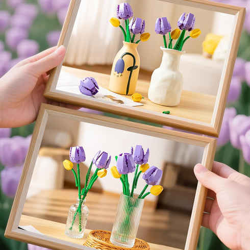 Sets Sawaruita Purple Tulips Bouquet Building Block for Adult Woman-Botanical Collection with Vase, Home Decor Gifts