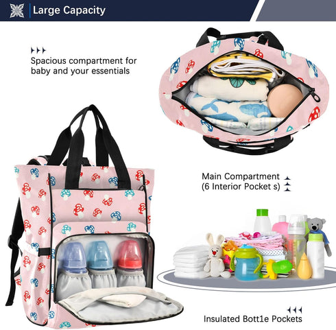 Burbuja Backpack Cute Mushrooms Diaper Bag for Women Men, Large Travel Diaper Bag Tote with Stroller Straps & Insulated