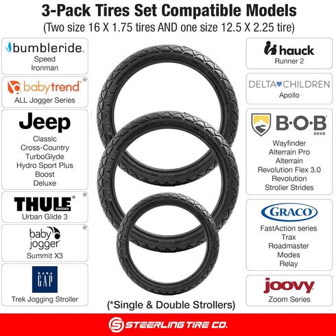 16" 1.75 12.5" 2.25 Set (3-Pack) Two x Rear and One x Front Wheel Replacement Tires for Jogging Strollers - The Perfect