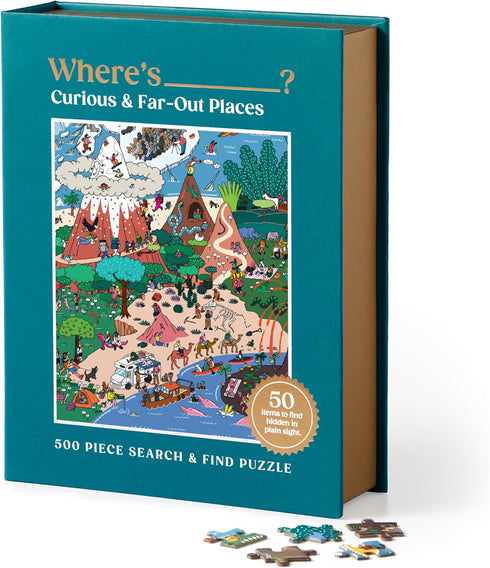 Galison Where's________? Curious and Far Out Places – 500 Piece Book Box Jigsaw Puzzle of Peculiar Places