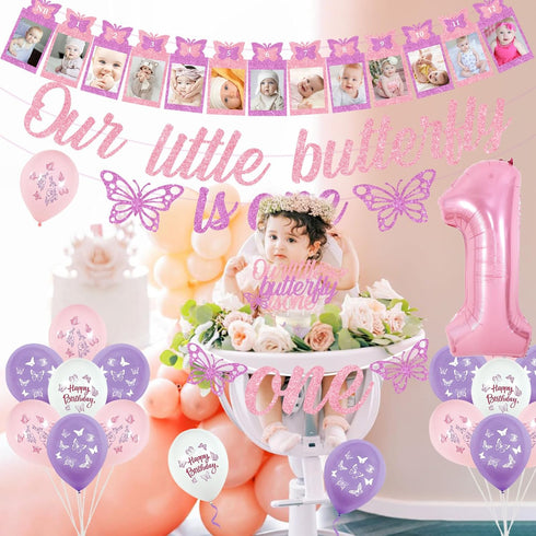 1st 1st Butterfly Birthday Decorations for Girls Pink Purple Our Little Butterfly is One Banner Cake Topper Photo