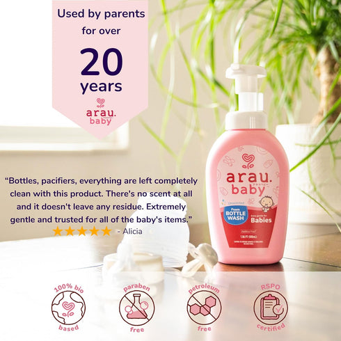 15.21 Oz Arau Baby Unscented Foam Bottle Wash Refill, Natural Plant Based Baby Bottle & Dish Soap, No Artificial