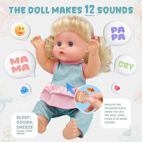 12 inch 12 SMILESSKIDDO Baby Doll, Interactive Talking Doll with Hair, Bottle, Soft Vinyl Body and Other Accessories