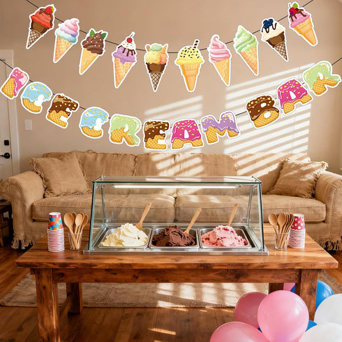 2Pcs Summer Community Ice Cream Party Decorations - Ice Cream Bar Banner & Cone Bunting Decorations for Party, Kids