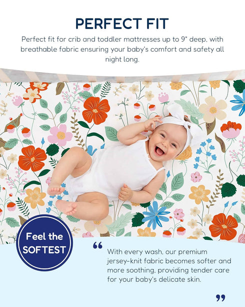 2-Pack, 9'' TotAha Floral Crib Sheets Hypoallergenic, Silky Comfort, Buttery Soft, Calming Effect, All-Season
