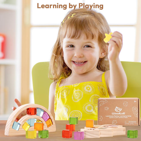 Set 24 3-6 Woodtoe Wooden Building Blocks for Kids, Rainbow & Christmas Tree Wood Frame - PCS Acrylic Gem Cubes