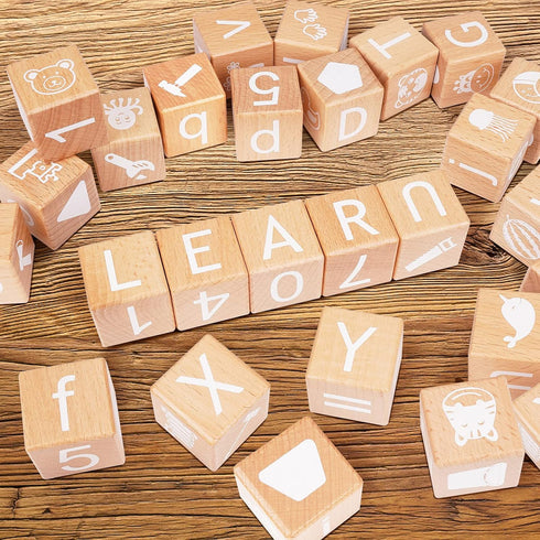 Alphabet Letters Stacking Blocks, 26 Wooden ABC Building Blocks for Toddlers, Educational Montessori Sensory Toys