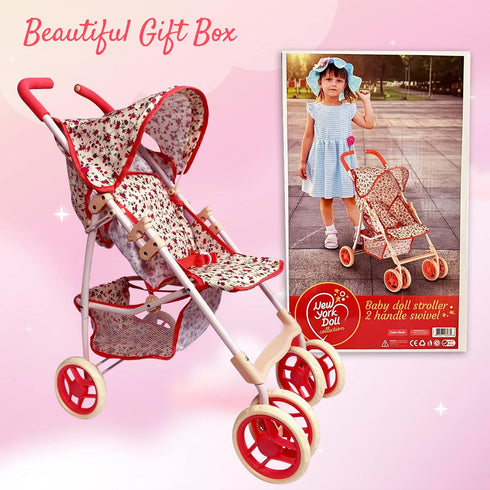 Baby Doll Stroller for Toddler Girls & Big Kids up to 8 Years - 28” Toy Stroller with Coral Floral Print