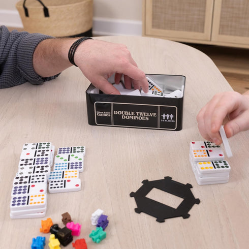 Elbow Set 91 10 2-8 Room Games Double Twelve Dominoes with Dominoes, Trains, Starter Piece, Storage Tin Perfect