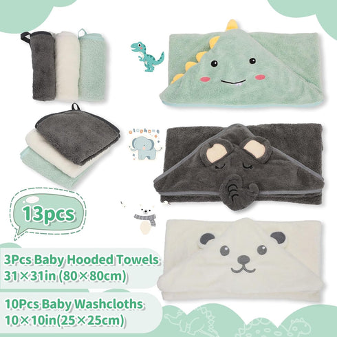 13pcs, Set Set. Saranna Baby Hooded Towels for Newborn Soft Baby Bath Towels and Washcloths for Toddlers, Infant Towels