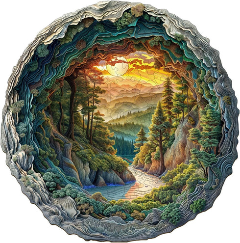 Wooden Puzzles for Adults, 3D Vision Effects Cave Forest Jigsaw Puzzles, Unique Shape Hill Sunset Landscape (300 pcs)
