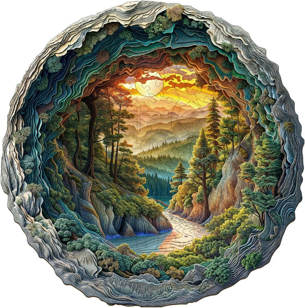 Wooden Puzzles for Adults, 3D Vision Effects Cave Forest Jigsaw Puzzles, Unique Shape Hill Sunset Landscape (300 pcs)