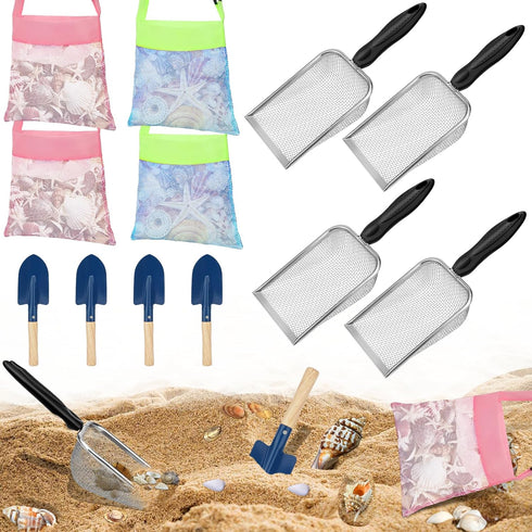 Mototo 12 Pack Beach Toys - 4 Beach Mesh Shovels, 4 Seashell Bags, 4 Small Shark Tooth Sifters for Adults & Kids