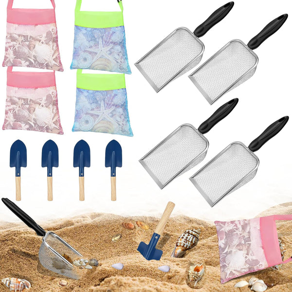 Mototo 12 Pack Beach Toys - 4 Beach Mesh Shovels, 4 Seashell Bags, 4 Small Shark Tooth Sifters for Adults & Kids