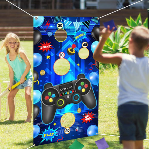 Video Game Toss Games: Level Up Game Controller Banner Backdrop with 3 Bean Bags for Kids - Blue Gaming Party Supplies
