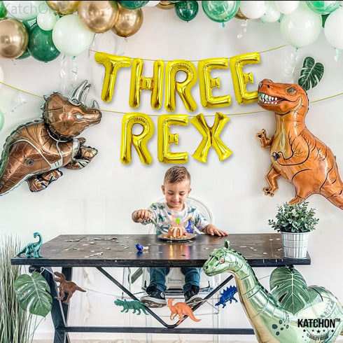 Katchon Huge Gold Three Rex Balloons - 16 Inch, Dinosaur Birthday Decorations with 3 Rex Balloons for Boy's Party