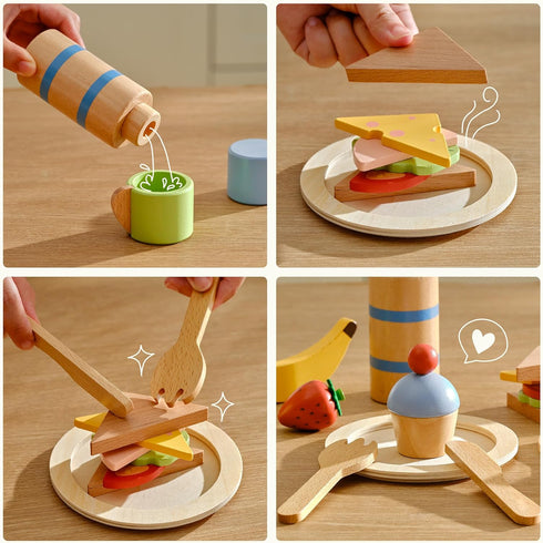 Set, 32 Playset 3+ PairPear Wooden Play Food Pcs Pretend Play Kitchen & Picnic with Carry Bag, Play Kitchen Accessories