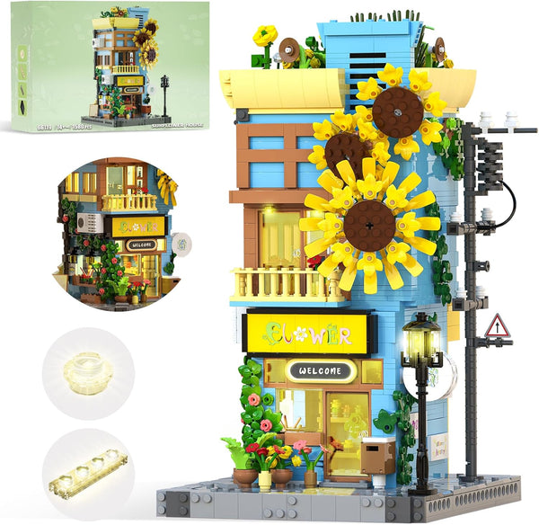 Sunflower House Building Set with LED Light, 3-Story Japanese Street View House