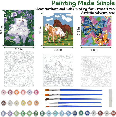 Paint-by-Numbers for Kids Ages 8-12, Acrylic Paint Set with 3 Canvas, 30 Pots, 5 Brushes, Horse Theme