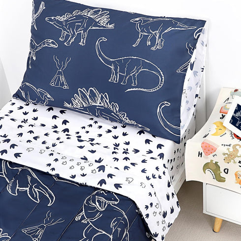 4 Set Set, Pieces Dinosaur Toddler Bedding for Boys, Soft Breathable Toddler Comforter Dino Print Navy, Includes