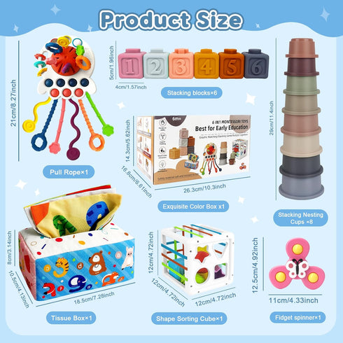 6 1 6-12 1 2 3 in Montessori Toys for Babies Months Up - Incl Pull String Toy, Stacking Cups, Tissue Box, Suction Cup