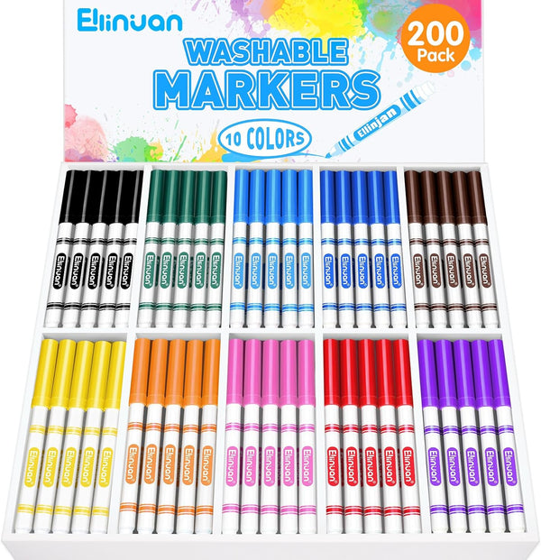 Ellinjan 200 Count Washable Markers Bulk, 10 Assorted Colors, Fine Line Colored