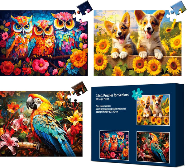3 Packs Large Piece Puzzle for Seniors - 48 Pieces Dementia Puzzles for Elderly Adults with Storage Bags