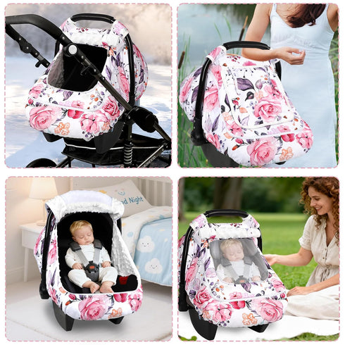 Winter Car Seat Cover Baby with Sunshade & Dual Zipper Windows - Minky Bubble Lined Windproof Soft Shell, Warm Newborn