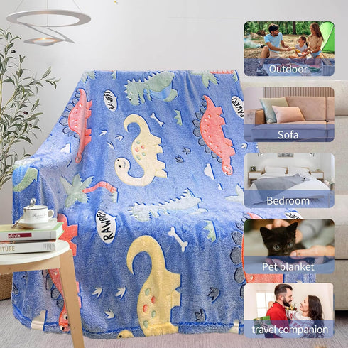 Dinosaur Blanket for Boys, Personalized Glow in The Dark Baby Blankets, Toddler Blanket for Boys, Soft Fleece Throw,