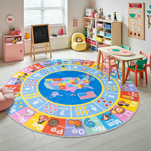 6x6 Kids Rugs for Playroom - Soft & Non-Slip Feet Round Educational Rug for Learning ABC Alphabet, Numbers, Shapes
