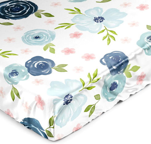Sweet Jojo Designs Blush Pink Blue Boho Floral Girl Baby Satin Fitted