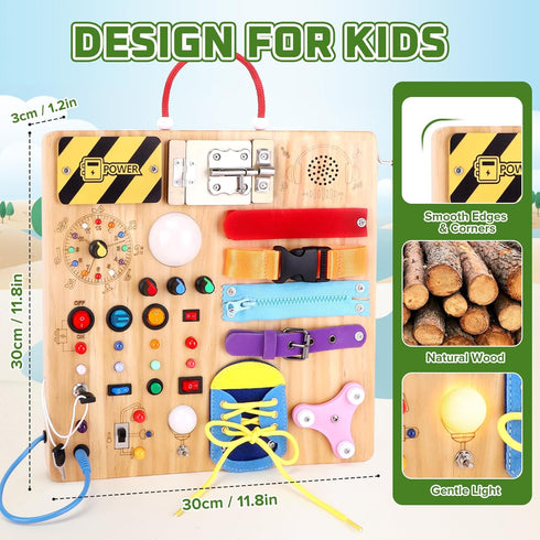 23-in-1 1-3, Montessori Busy Board with LED Lights Educational Wooden Activity Toy for Toddlers Ages Travel Sensory