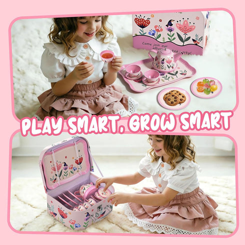 Set 3-6, 15-Piece Set Floral Tea Party for Little Girls Ages Pretend Play Kitchen Toys with Teapot, Cups, Plates