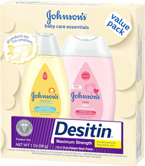 Set, Pack, 3 Johnson's Baby Care Essentials Gift Body Lotion, & Zinc Oxide Diaper Rash Paste for Baby's Delicate Skin