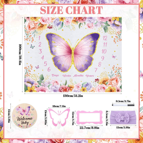 Butterfly Baby Milestone Blanket Set for Baby Girls, Floral Monthly Baby Milestone Blanket Baby Growth Blanket Newborn Photography Background with Wooden Signs, Frames, Bow Headband by GGSTDDUP