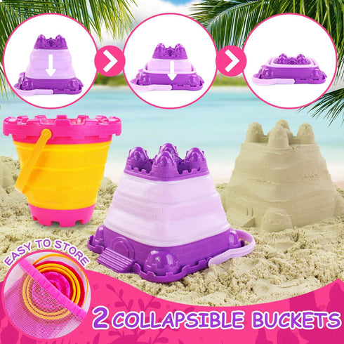 50Pcs 2 Backpack Summer Elovien Beach Sand Toys, Sandbox Toys with Collapsible Buckets, Mesh Bag, Shovels, Ice Cream