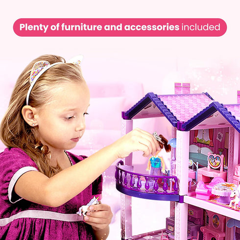 Dollhouse with 4 Princesses, 4 Unicorns, Dog, Furniture & Accessories - Pink and Purple Dream Toy for Girls Ages 2-7