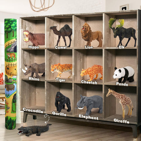 57x38.5Jumbo Mat,12PCS Playset FRUSE Safari Animals Figures Toys w/ Play Realistic Jungle Wild Zoo Animals Figurines