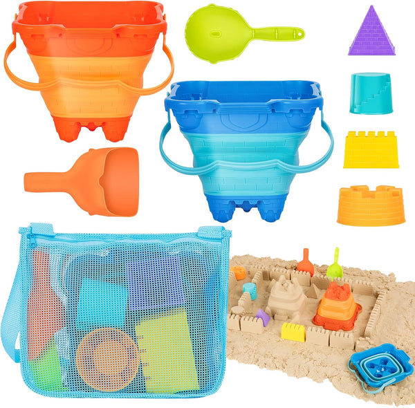 Collapsible Sand Toys - 9pcs Sand Castle Building Kit: Foldable Buckets, Shovels, Molds & Mesh Bag for Kids 3-12