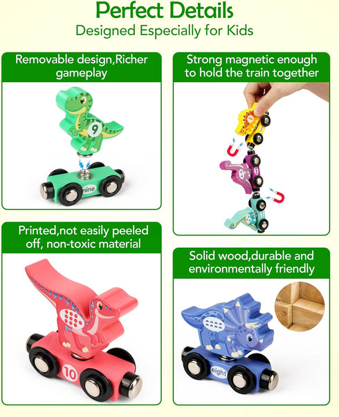 Vanmor Wooden Train Set with Dinosaur Toys - Snap-Connection Dinosaur Train, Learning Toys for 3-5 Year Old Kids