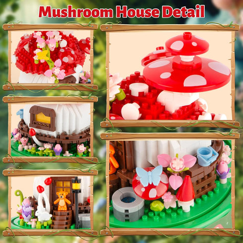 Set, 645PCS 14+ Vziimo Mushroom House Building Creative Mushroom Flower House Model Kits with Dust Cover, Micro Bricks