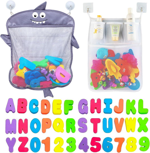 Comfylife Baby Bath Toy Organizer - Shark + 36 Bath Letters & Numbers + Extra Bath Toy Storage Net & 10 Strong Hooks